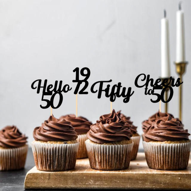 Hello 50 black birthday party cup cake toppers