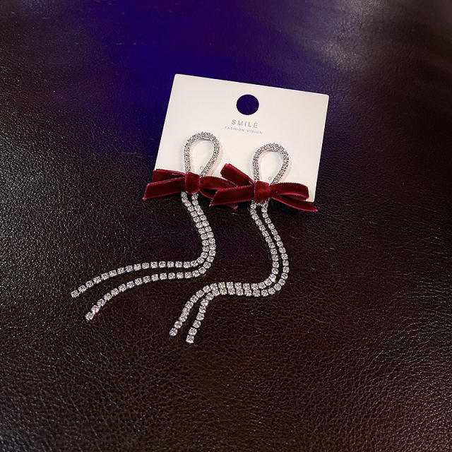 925 silver needle bow rhinestone chain tassel earrings