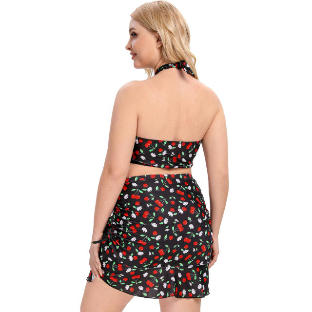 Cute cherry printing two piece plus size swimsuit