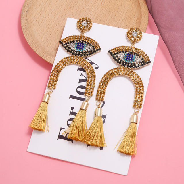 Diamond evil's eye U-shaped thread tassel earrings