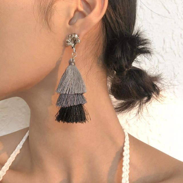 Multi-layer thread tassel earrings