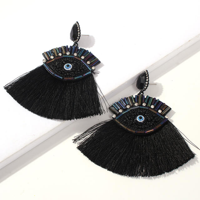 Evil's eye hoop tassel earrings