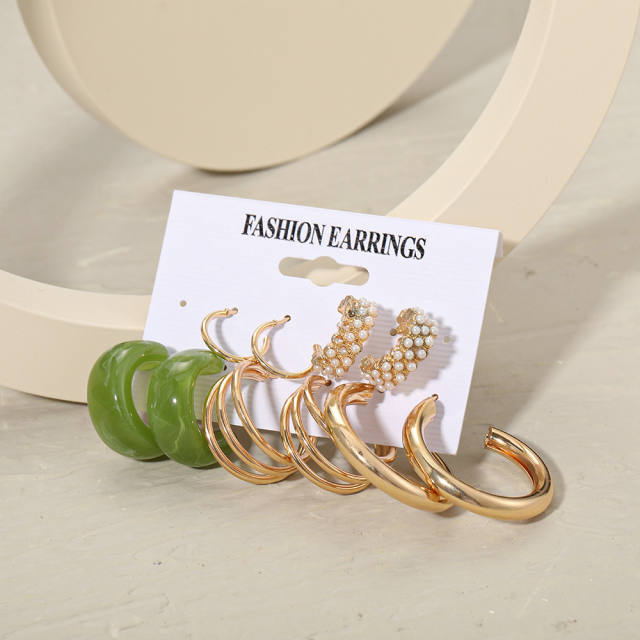Pearl acrylic alloy hoop earrings set 5 pairs