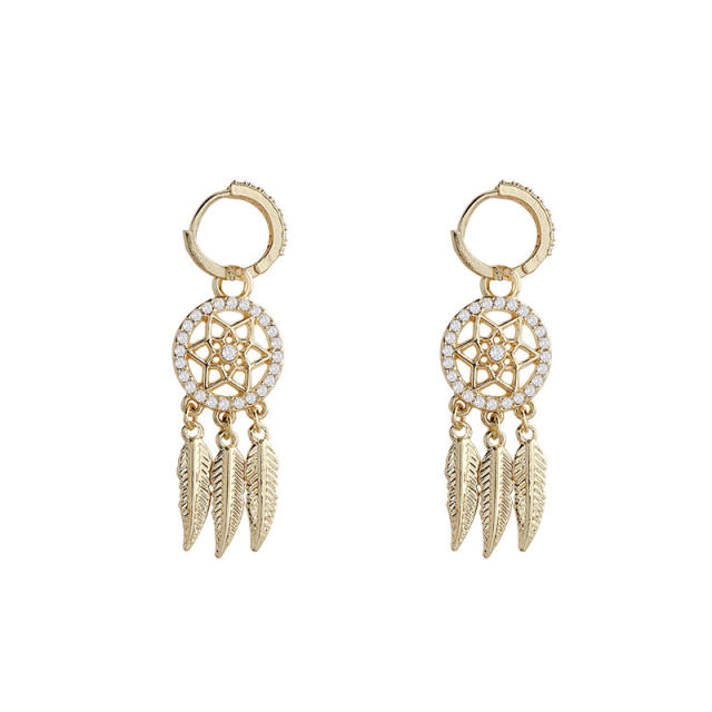 925 silver needle diamond leaf tassel earrings