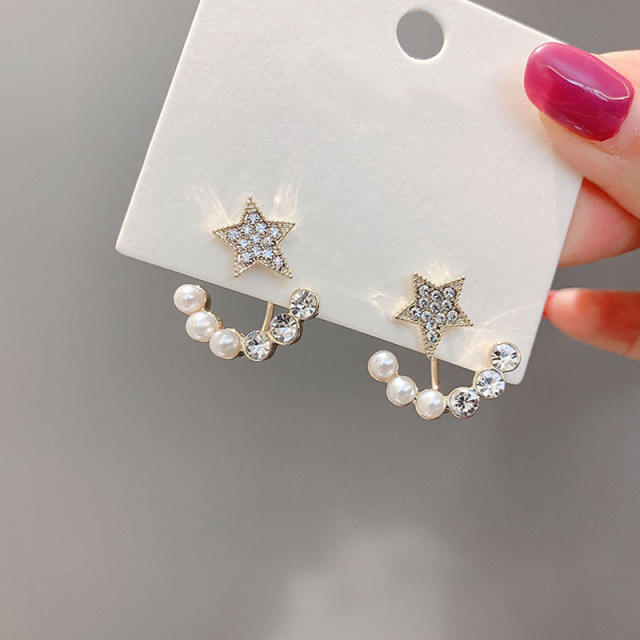 925 silver needle star rhinestone pearl jacket earrings
