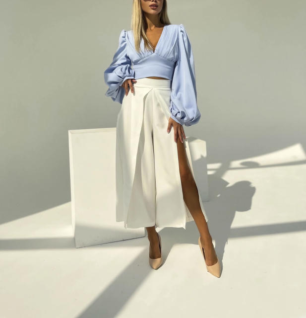 V neck balloon sleeve crop tops with wide leg pants set