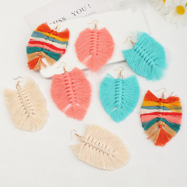 Bohemian leaf-shaped long-style thread tassel earrings