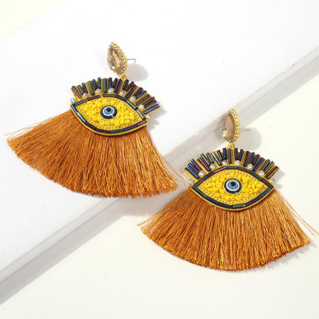 Evil's eye hoop tassel earrings