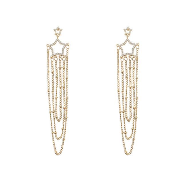 925 silver needle five-pointed star diamond chain tassel earrings