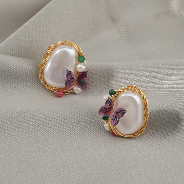 Baroque pearl butterfly studs earrings
