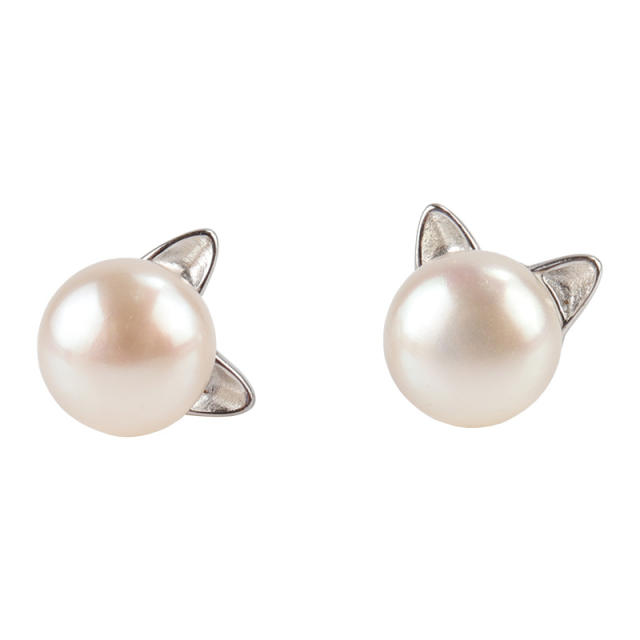 S925 Silver needle cat pearl stud earrings