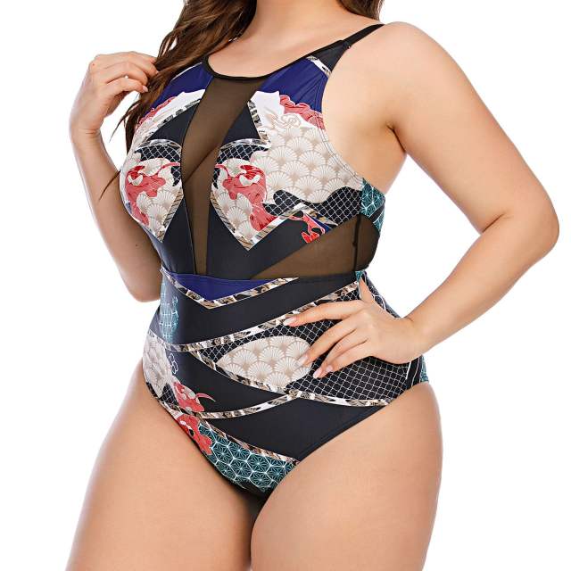 One piece sexy mesh plus size swimsuit