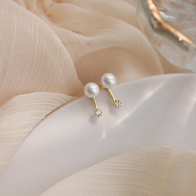 925 silver needle pearl cubic zircon jacket earrings