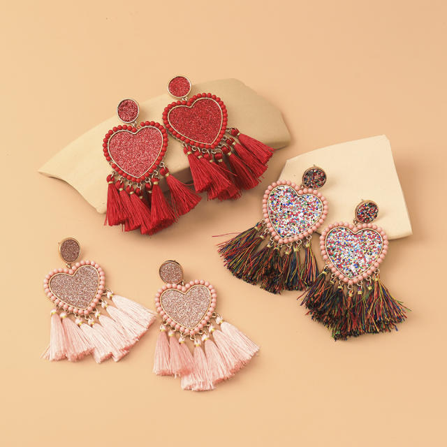 Heart thread tassel earrings