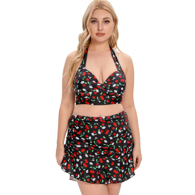 Cute cherry printing two piece plus size swimsuit