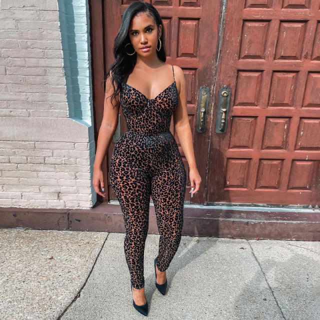 Sexy leopard grain v neck women jumpsuit