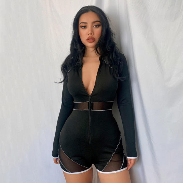 Black color sexy V neck mesh long sleeve rompers jumpsuit
