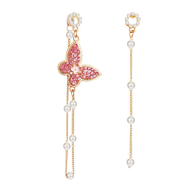 925 silver needle butterfly Pearl tassel earrings