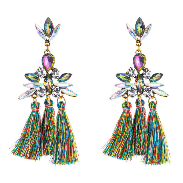 Bohemian rhinestone thread tassel earrings