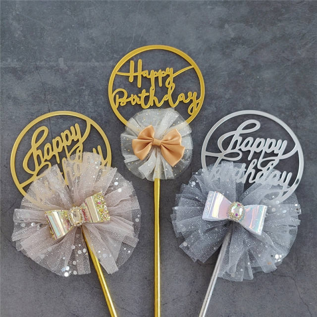 Mesh bow happy birthday cake toppers