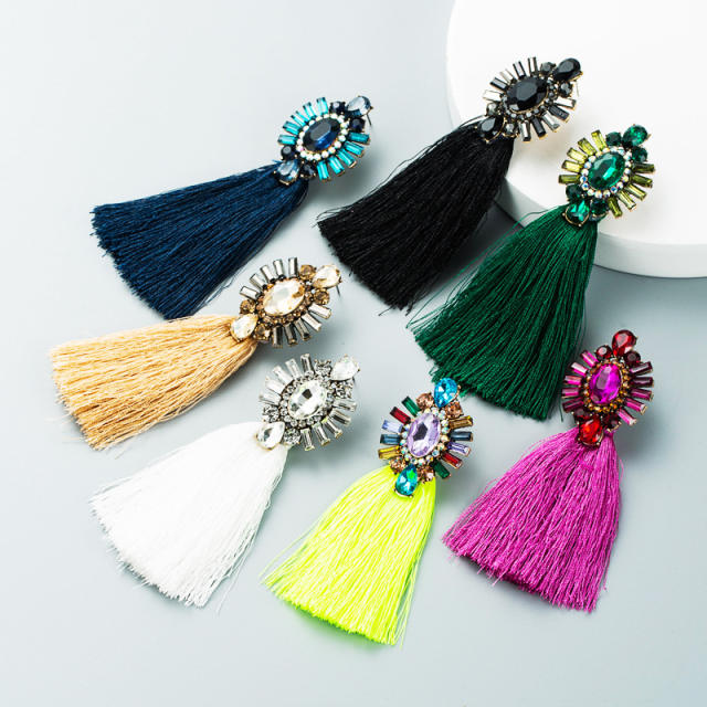 Bohemian diamond long-style thread tassel earrings