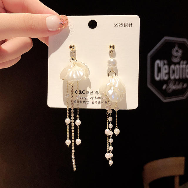 925 silver needle pearl diamond chain tassel earrings