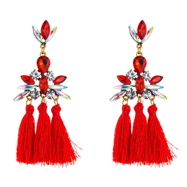 Bohemian rhinestone thread tassel earrings