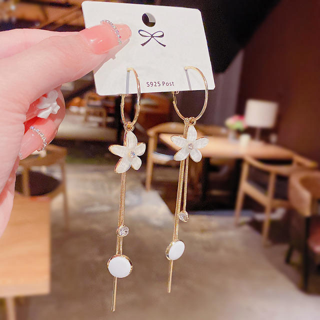 925 silver needle flower rhinestone chain tassel earrings