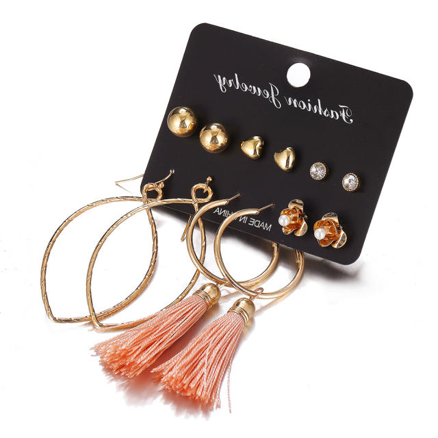 Heart rose circle tassel earrings 6 pairs set