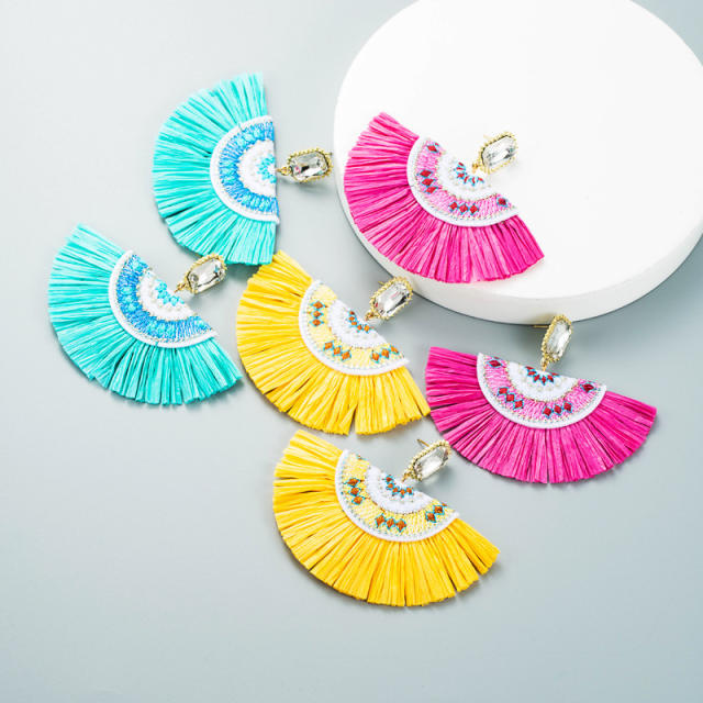 Bohemian crystal fan-shaped hoop tassel earrings