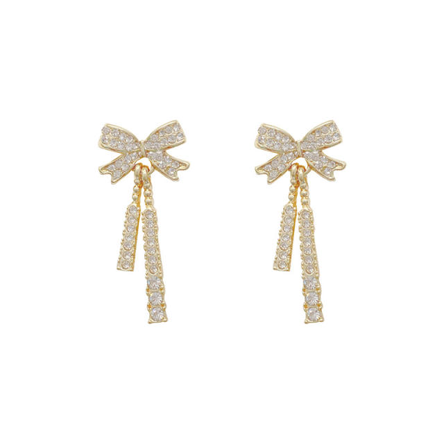 925 silver needle diamond bow chain tassel earrings
