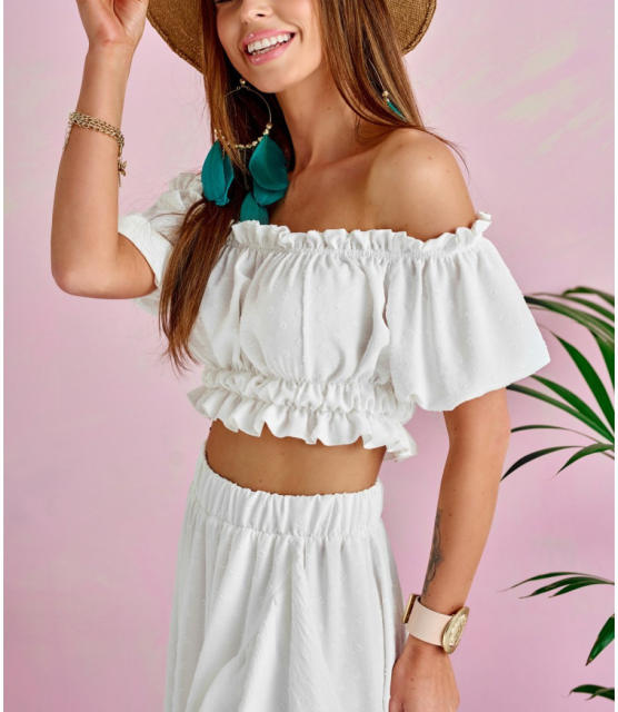 Plain color off shoulder cropped tops midi skirt set