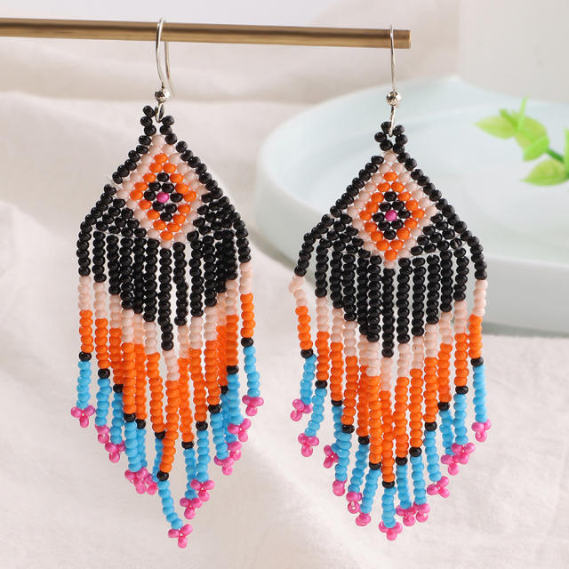 Bohemian rhombus seed bead tassel earrings