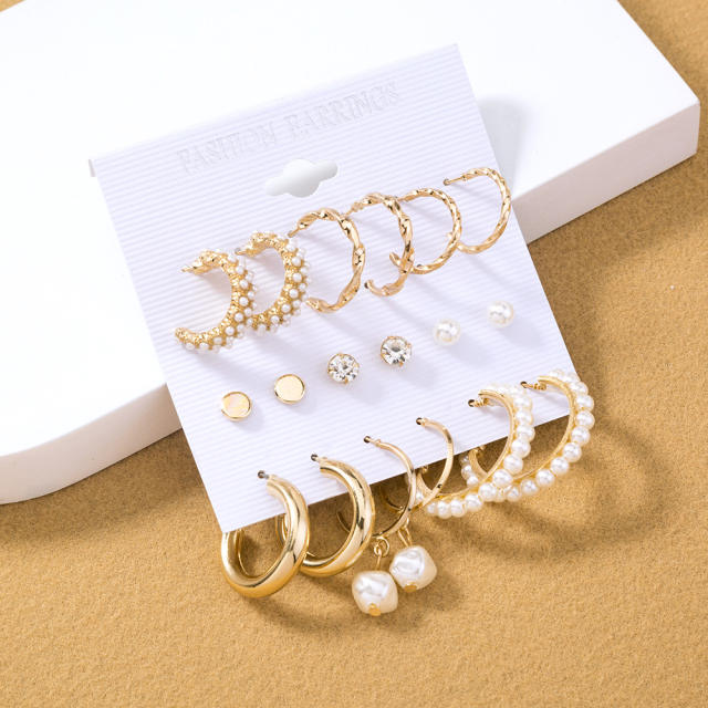 Pearl metal hoop earrings 9 pair set