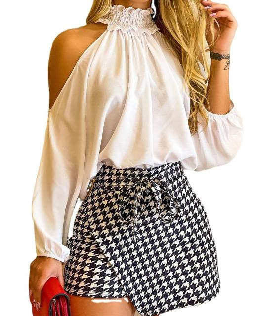 Elegant cold shoulder tops wrap mini skirt set