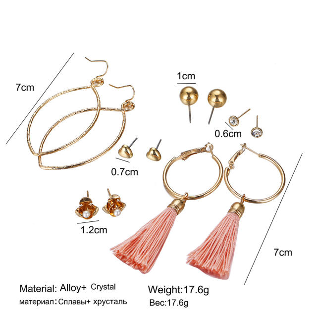Heart rose circle tassel earrings 6 pairs set