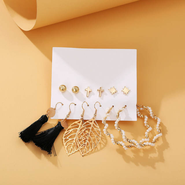 Leaf Pearl tassel cross stud earrings suit 6 pairs