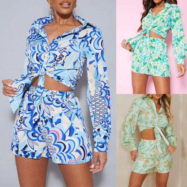 Summer casual patterned blouse shorts set