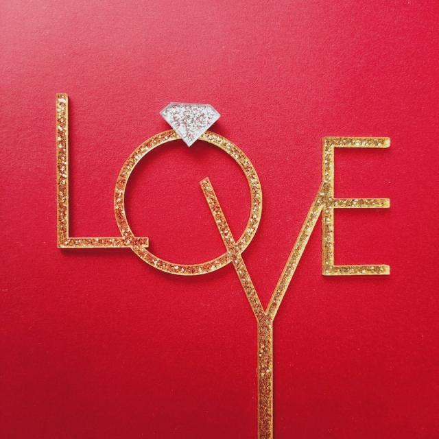 LOVE letter diamond ring cake toppers