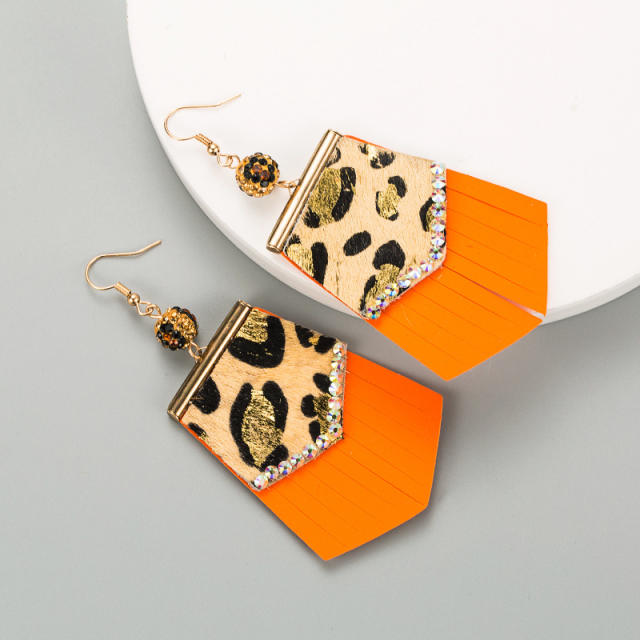 Leopard leather rhinestone thread tassel earrings