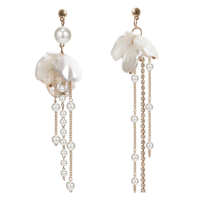 925 silver needle pearl diamond chain tassel earrings