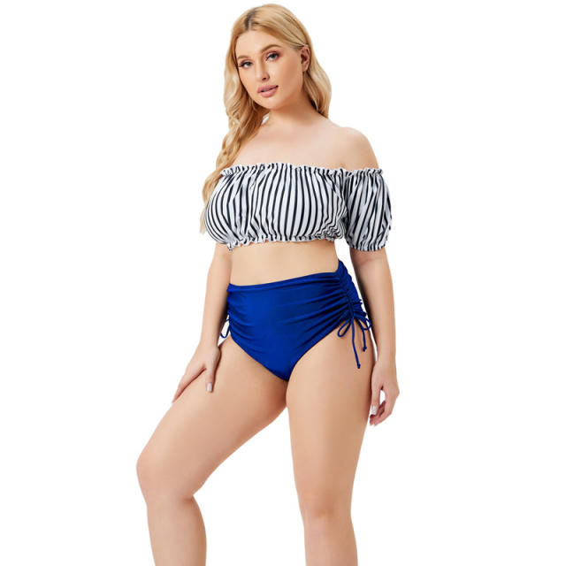 Sweet stripe off shoulder tops plus size swimsuit