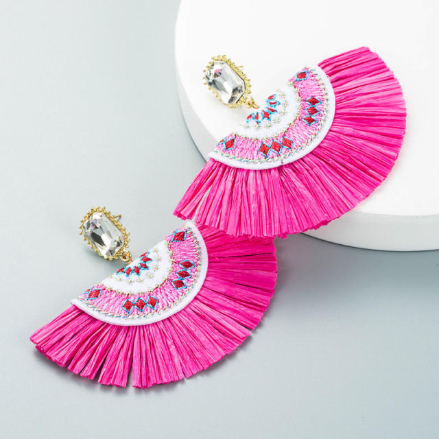 Bohemian crystal fan-shaped hoop tassel earrings