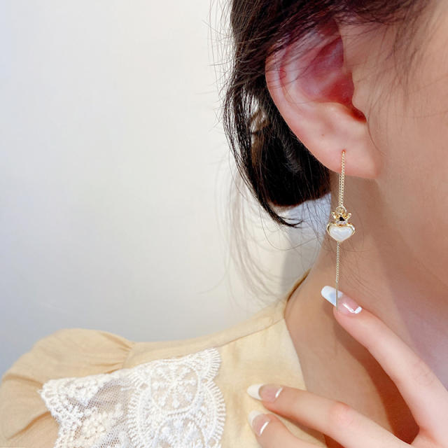 Cubic zirconia heart chain tassel earrings 925 silver needle