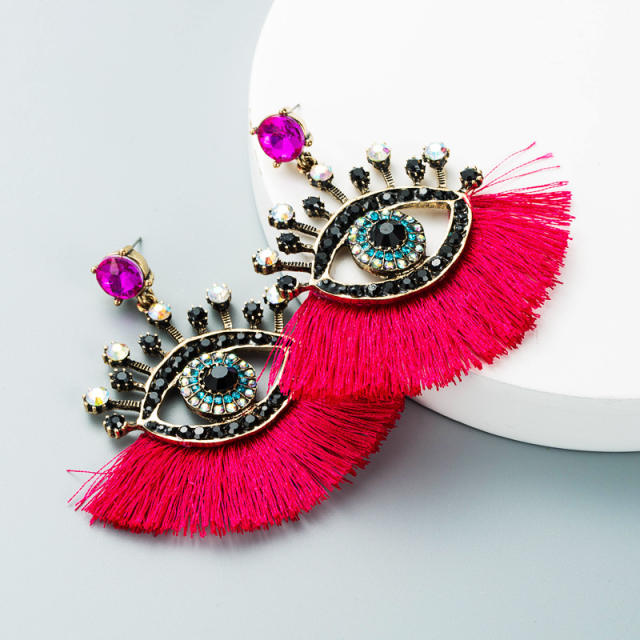 Diamond evil's eye hoop tassel earrings