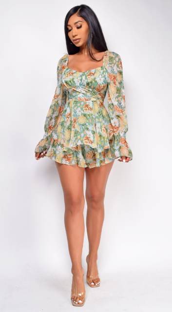 Long sleeve floral ruffle rompers jumpsuit