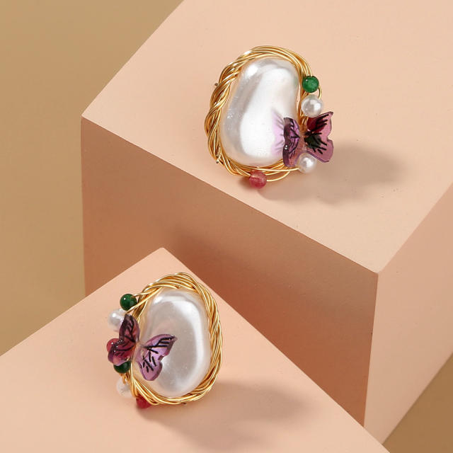 Baroque pearl butterfly studs earrings