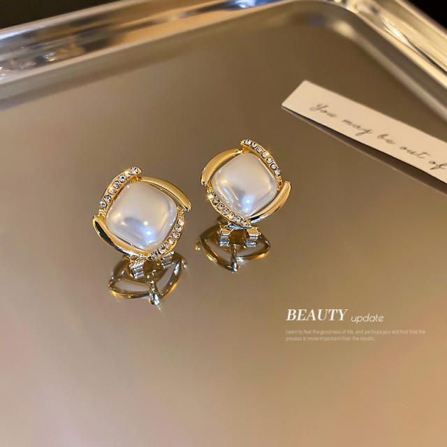 925 silver needle rhinestone square pearl studs earrings