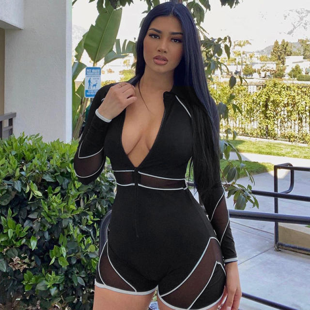 Black color sexy V neck mesh long sleeve rompers jumpsuit