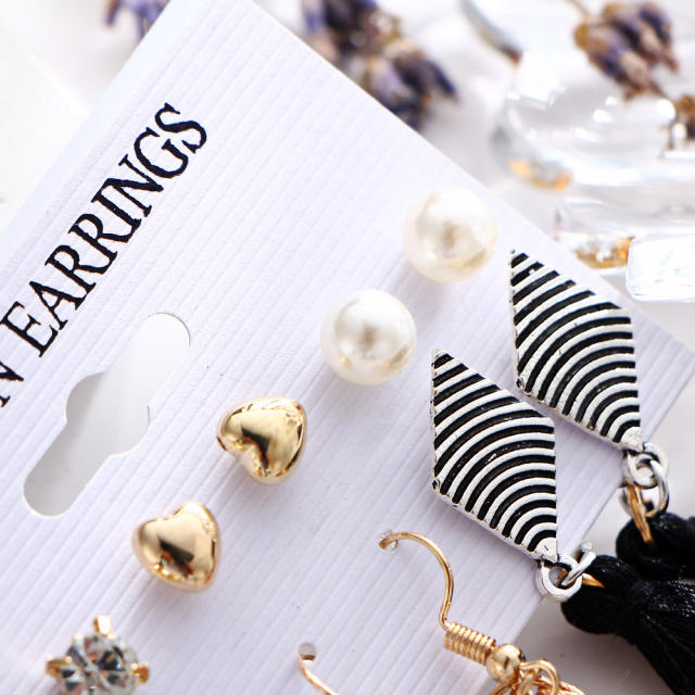 Pearl heart tassel earrings set 6 pairs